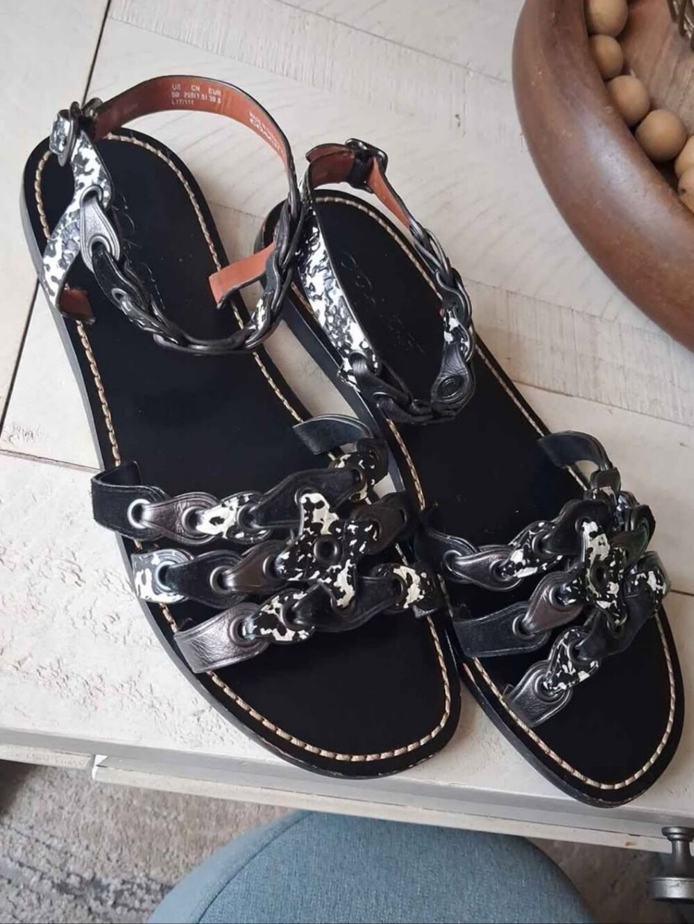Coach Black Braided Accent Leather Sandals with Silver Detailing